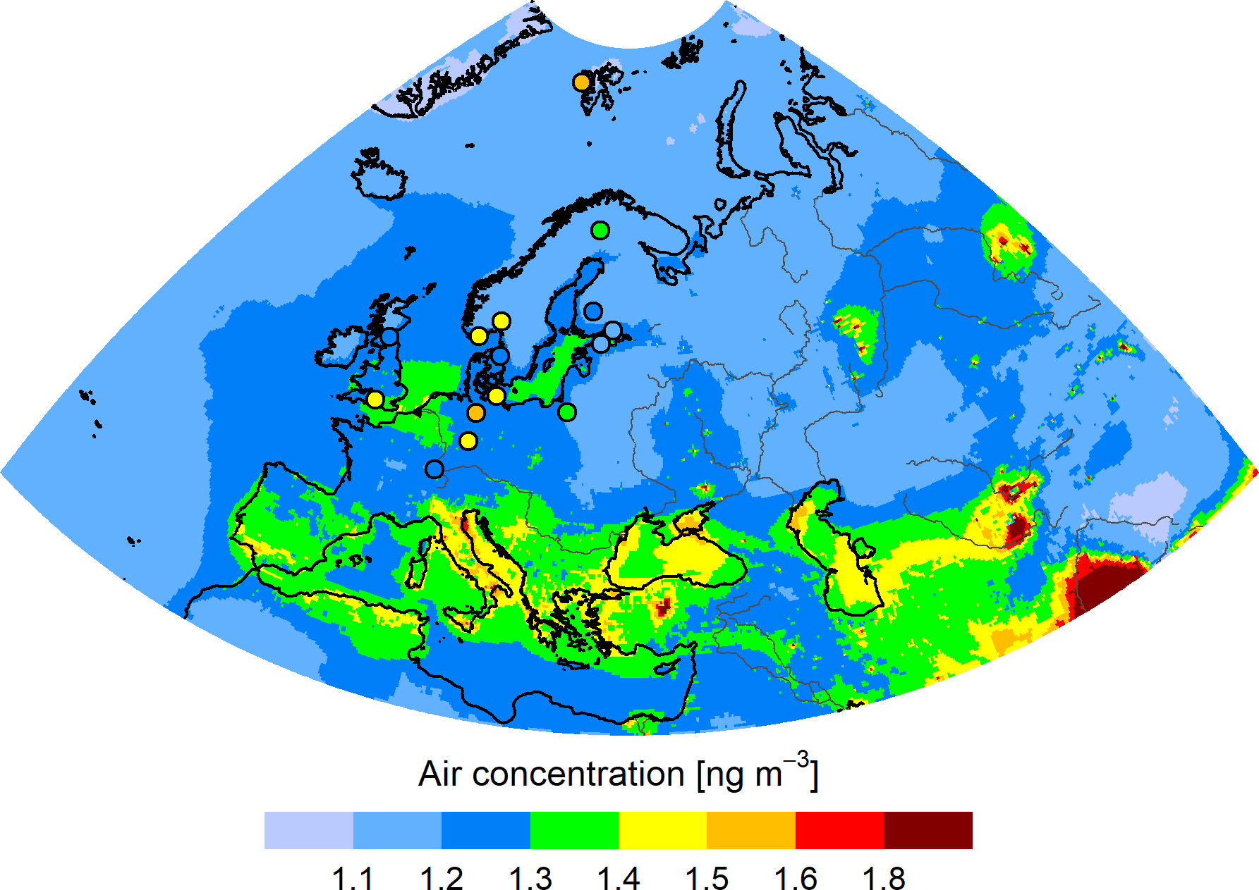 Hg concentration in the EMEP region